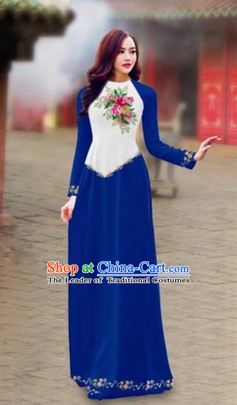 Traditional Top Grade Asian Vietnamese Costumes Classical Color Matching Cheongsam, Vietnam National Ao Dai Dress Printing Royalblue Full Dress for Women
