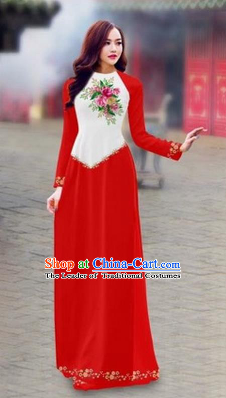 Traditional Top Grade Asian Vietnamese Costumes Classical Color Matching Cheongsam, Vietnam National Ao Dai Dress Printing Red Full Dress for Women
