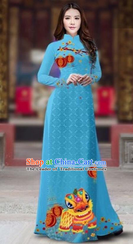 Traditional Top Grade Asian Vietnamese Costumes Classical Printing New Year Cheongsam, Vietnam National Ao Dai Dress Princess Blue Full Dress for Women