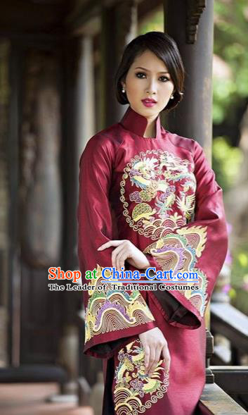 Traditional Top Grade Asian Vietnamese Costumes Classical Hand Embroidery Cheongsam, Vietnam National Ao Dai Dress Wedding Bride Full Dress for Women