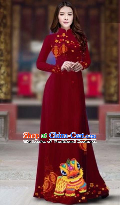 Traditional Top Grade Asian Vietnamese Costumes Classical Printing New Year Cheongsam, Vietnam National Ao Dai Dress Princess Wine Red Full Dress for Women