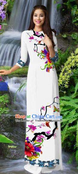 Traditional Top Grade Asian Vietnamese Costumes Classical White Cheongsam, Vietnam National Printing Ao Dai Dress for Women