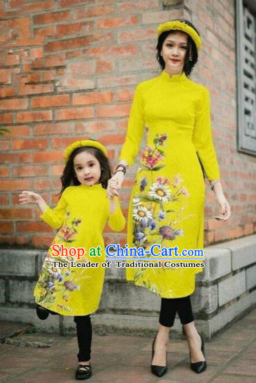 Traditional Top Grade Asian Vietnamese Costumes Classical Printing Daisy Flowers Yellow Cheongsam, Vietnam National Mother-daughter Ao Dai Dress for Women for Kids