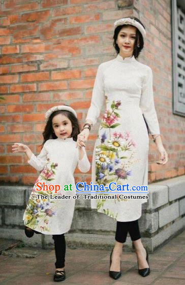 Traditional Top Grade Asian Vietnamese Costumes Classical Printing Daisy Flowers White Cheongsam, Vietnam National Mother-daughter Ao Dai Dress for Women for Kids