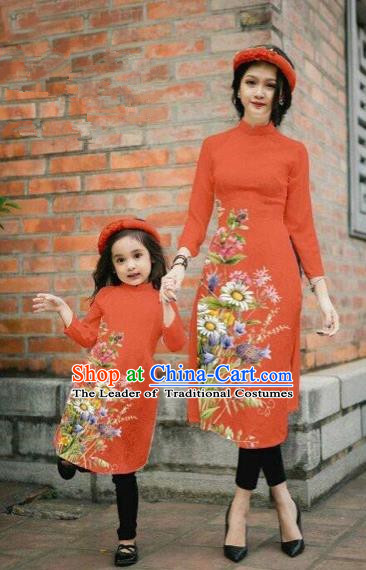 Traditional Top Grade Asian Vietnamese Costumes Classical Printing Daisy Flowers Orange Cheongsam, Vietnam National Mother-daughter Ao Dai Dress for Women for Kids
