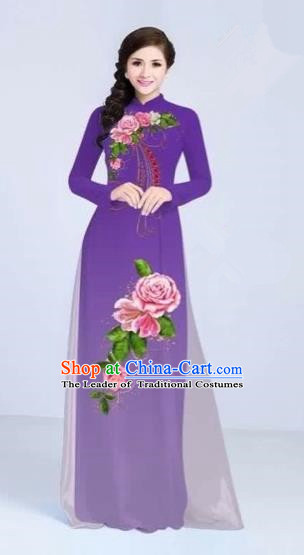Traditional Top Grade Asian Vietnamese Costumes Classical Printing Flowers Cheongsam Dance Clothing, Vietnam National Vietnamese Bride Purple Ao Dai Dress for Women