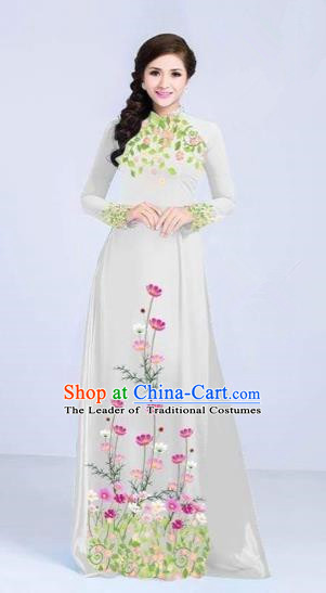Traditional Top Grade Asian Vietnamese Costumes Classical Painting Flowers Cheongsam, Vietnam National Vietnamese Young Lady White Ao Dai Dress