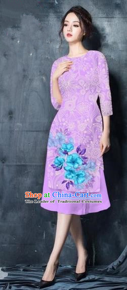 Traditional Top Grade Asian Vietnamese Costumes Classical Painting Short Lilac Cheongsam, Vietnam National Vietnamese Young Lady Ao Dai Dress