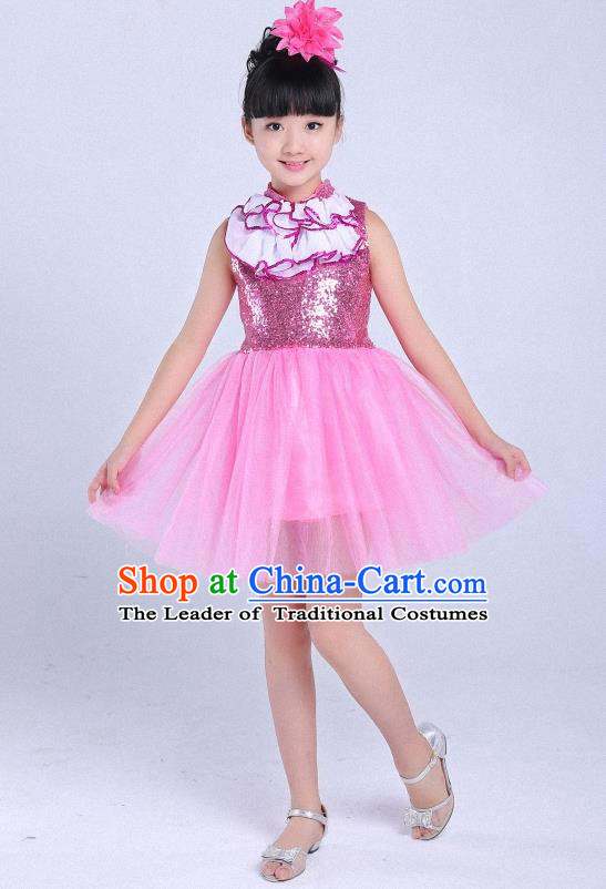 Top Grade Professional Performance Catwalks Costume, Children Chorus Full Dress Modern Dance Little Princess Pink Bubble Dress for Girls Kids
