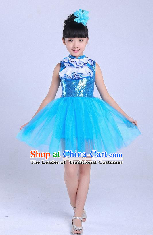 Top Grade Professional Performance Catwalks Costume, Children Chorus Full Dress Modern Dance Little Princess Blue Bubble Dress for Girls Kids
