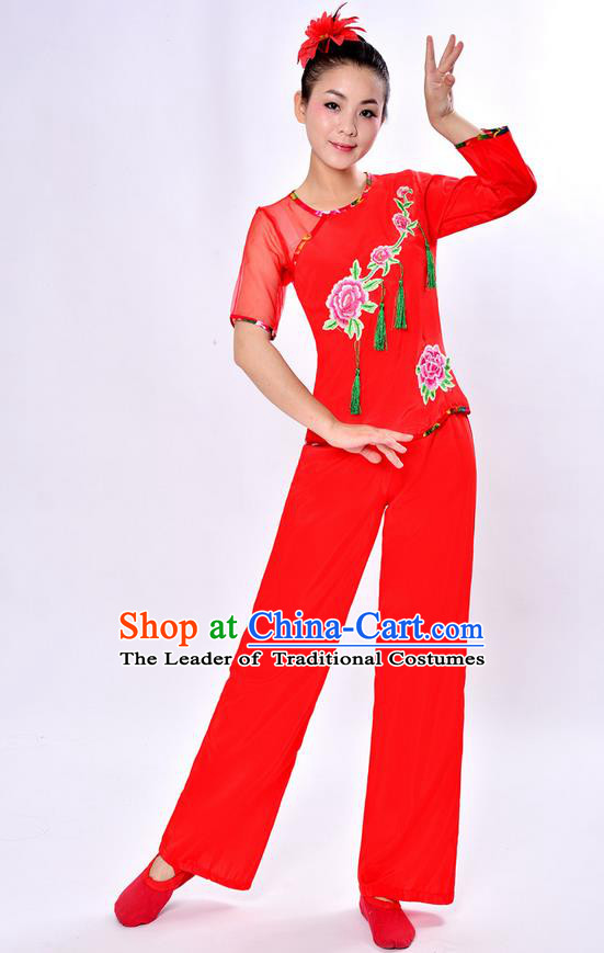 Traditional Chinese Classical Dance Yangge Fan Dancing Costume, Folk Dance Drum Dance Peony Uniforms Yangko Red Clothing Set for Women