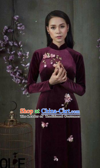 Traditional Top Grade Asian Vietnamese Costumes Classical Amaranth Embroidery Cheongsam, Vietnam National Vietnamese Young Lady Bride Stand Collar Ao Dai Dress