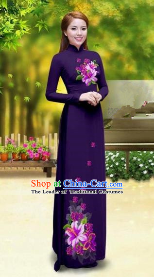 Traditional Top Grade Asian Vietnamese Costumes Classical Printing Cheongsam, Vietnam National Vietnamese Young Lady Purple Chiffon Ao Dai Dress