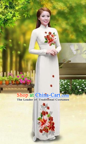 Traditional Top Grade Asian Vietnamese Costumes Classical Printing Greenish Lily Flower Cheongsam, Vietnam National Vietnamese Young Lady White Chiffon Ao Dai Dress