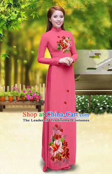 Traditional Top Grade Asian Vietnamese Costumes Classical Printing Greenish Lily Flower Cheongsam, Vietnam National Vietnamese Young Lady Watermelon Red Chiffon Ao Dai Dress