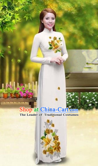 Traditional Top Grade Asian Vietnamese Costumes Classical Printing Greenish Lily Flower Cheongsam, Vietnam National Vietnamese Young Lady White Chiffon Ao Dai Dress