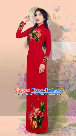 Traditional Top Grade Asian Vietnamese Costumes Classical 3D Printing Cheongsam, Vietnam National Vietnamese Young Lady Miss Etiquette Purplish Red Ao Dai Dress