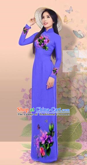 Traditional Top Grade Asian Vietnamese Costumes Classical 3D Printing Cheongsam, Vietnam National Vietnamese Young Lady Miss Etiquette Blue Ao Dai Dress