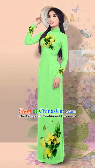 Traditional Top Grade Asian Vietnamese Costumes Classical 3D Printing Cheongsam, Vietnam National Vietnamese Young Lady Miss Etiquette Fluorescent Green Ao Dai Dress