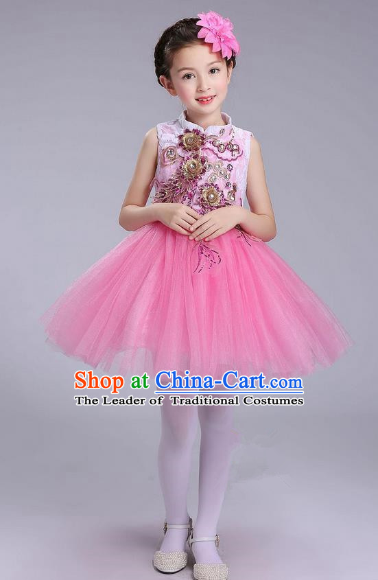 Top Grade Professional Compere Modern Dance Costume, Children Opening Dance Chorus Uniforms Pink Bubble Dress for Girls