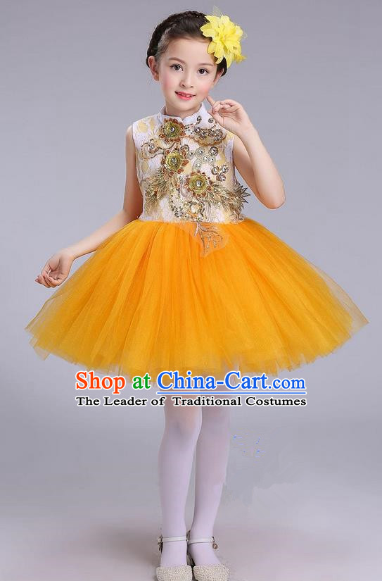 Top Grade Professional Compere Modern Dance Costume, Children Opening Dance Chorus Uniforms Yellow Bubble Dress for Girls