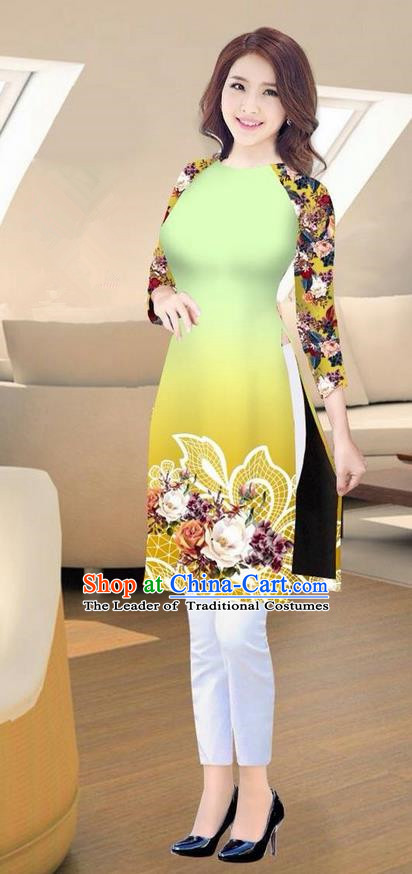 Traditional Top Grade Asian Vietnamese Costumes Classical Printing Green Short Cheongsam, Vietnam National Vietnamese Ao Dai Dress for Women