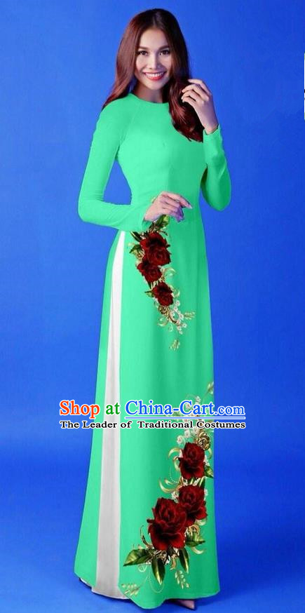 Traditional Top Grade Asian Vietnamese Costumes Classical 3D Printing Green Long Cheongsam, Vietnam National Vietnamese Princess Ao Dai Dress for Women