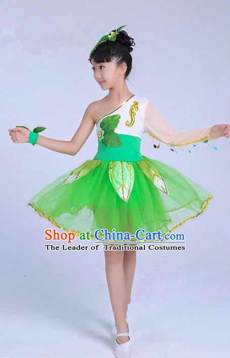 Top Grade Professional Compere Modern Dance Costume, Children Lotus Dance Folk Classical Dance Uniforms Green Dress for Girls