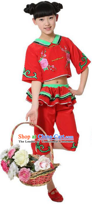 Traditional Chinese Classical Dance Yangge Fan Dancing Costume, Folk Dance Drum Dance Uniform Yangko Red Clothing for Girls
