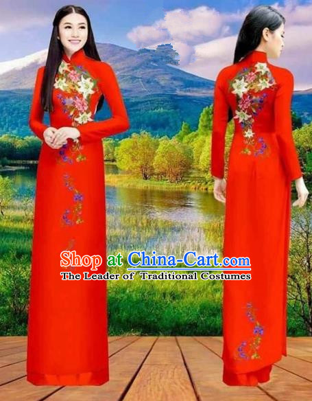 Traditional Top Grade Asian Vietnamese Costumes Classical Double-sided Printing Cheongsam, Vietnam National Vietnamese Princess Bride Red Ao Dai Dress Dance Clothing