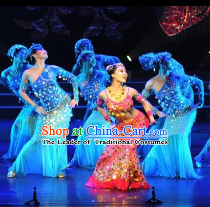 Traditional Chinese Dai Nationality Peacock Dancing Costume, Fish Dance Costume, Chinese Minority Nationality Dance Dress for Women