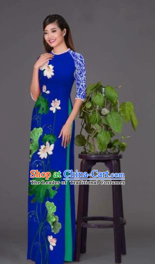 Traditional Top Grade Asian Vietnamese Costumes Classical Printing Lotus Royalblue Cheongsam, Vietnam National Vietnamese Princess Bride Korean Silk Ao Dai Dress