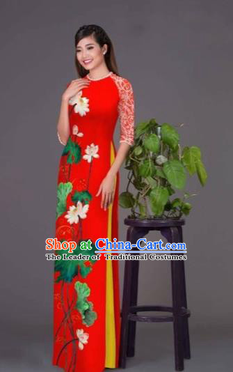 Traditional Top Grade Asian Vietnamese Costumes Classical Printing Lotus Red Cheongsam, Vietnam National Vietnamese Princess Bride Korean Silk Ao Dai Dress