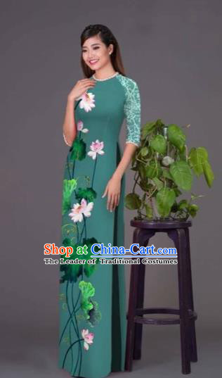 Traditional Top Grade Asian Vietnamese Costumes Classical Printing Lotus Peacock Green Cheongsam, Vietnam National Vietnamese Princess Bride Korean Silk Ao Dai Dress