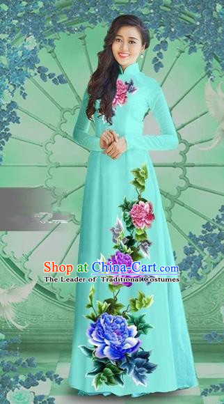 Traditional Top Grade Asian Vietnamese Costumes Classical Printing Blue Chiffon Cheongsam, Vietnam National Vietnamese Bride Ao Dai Dress