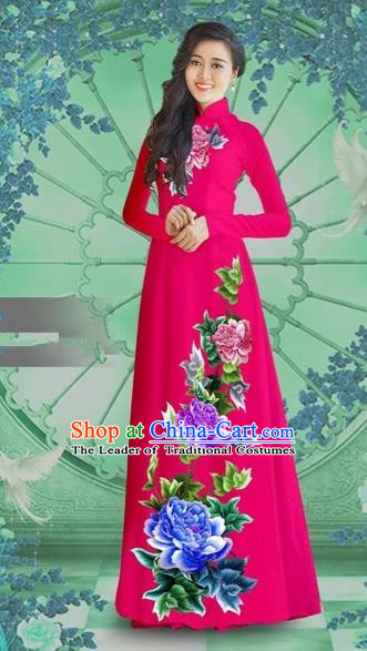 Traditional Top Grade Asian Vietnamese Costumes Classical Printing Rosy Chiffon Cheongsam, Vietnam National Vietnamese Bride Ao Dai Dress