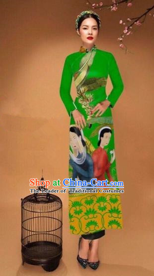 Traditional Top Grade Asian Vietnamese Costumes Classical Printing Cheongsam, Vietnam National Vietnamese Bride Green Ao Dai Dress Tang Suit Clothing