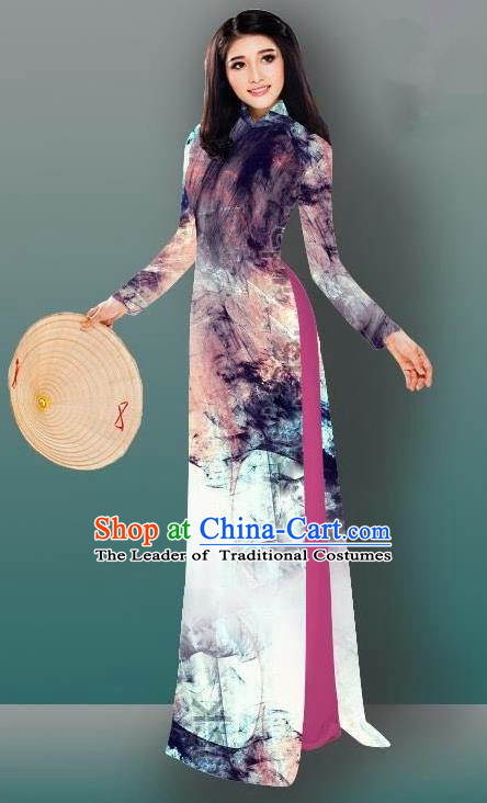 Top Grade Asian Vietnamese Costumes Classical Jing Nationality Gradient Watercolor Printing Brown Cheongsam, Vietnam National Vietnamese Traditional Princess Ao Dai Dress
