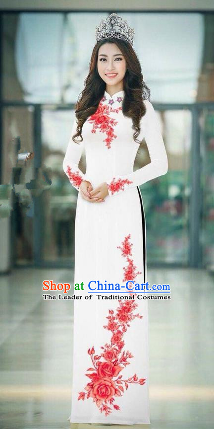 Top Grade Asian Vietnamese Costumes Classical Jing Nationality Printing Handmade White Cheongsam, Vietnam National Vietnamese Traditional Princess Ao Dai Dress