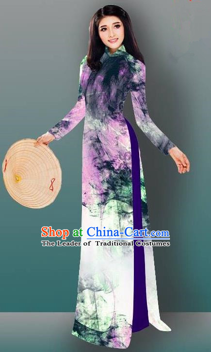 Top Grade Asian Vietnamese Costumes Classical Jing Nationality Gradient Watercolor Printing Cheongsam, Vietnam National Vietnamese Traditional Princess Ao Dai Dress for Women