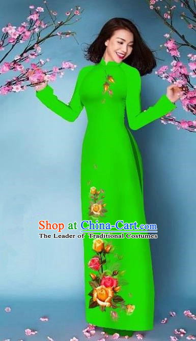 Top Grade Asian Vietnamese Costumes Classical Jing Nationality Printing Handmade Light Green Cheongsam, Vietnam National Vietnamese Bride Traditional Princess Ao Dai Dress