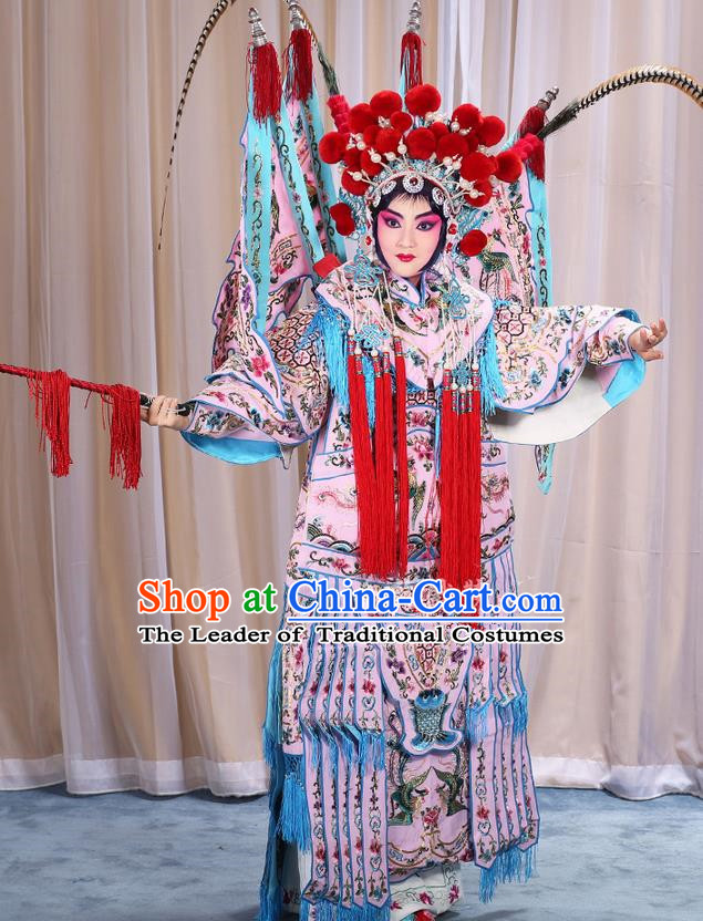Traditional Chinese Beijing Opera Magic Warriors Pink Clothing and Shoes Complete Set, China Peking Opera Blues Costume Embroidered Robe Opera Costumes
