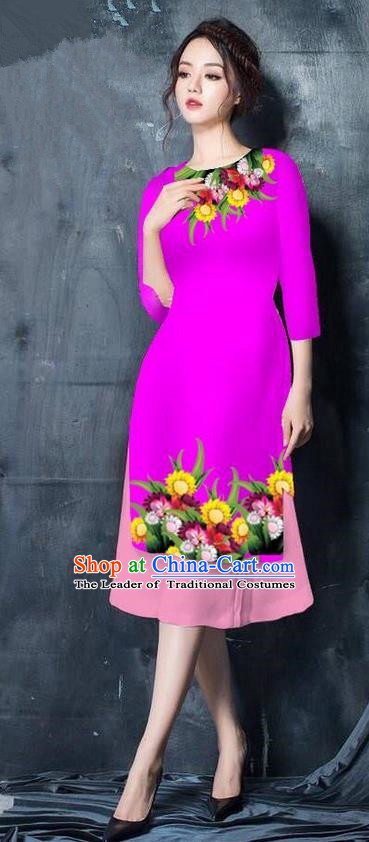 Top Grade Asian Vietnamese Costumes Classical Jing Nationality Short Cheongsam, Vietnam National Vietnamese Bride Traditional Princess Rosy Ao Dai Dress