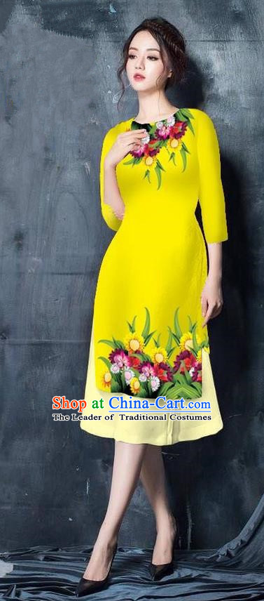 Top Grade Asian Vietnamese Costumes Classical Jing Nationality Short Cheongsam, Vietnam National Vietnamese Bride Traditional Princess Yellow Ao Dai Dress