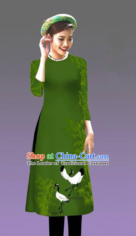 Top Grade Asian Vietnamese Costumes Classical Jing Nationality Crane Pattern Short Cheongsam, Vietnam National Clothing Bride Traditional Olive Green Ao Dai Dress
