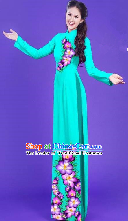 Top Grade Asian Vietnamese Costumes Classical Jing Nationality Long Printing Flowers Cheongsam, Vietnam National Vietnamese Bride Traditional Princess Blue Ao Dai Dress