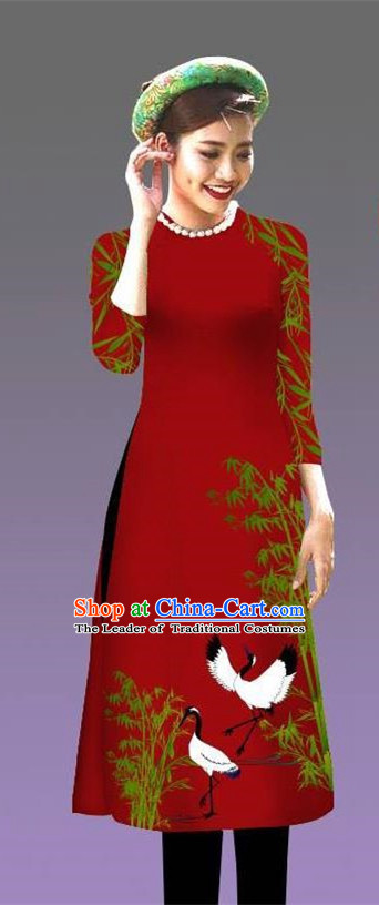 Top Grade Asian Vietnamese Costumes Classical Jing Nationality Crane Pattern Short Cheongsam, Vietnam National Clothing Bride Traditional Wine Red Ao Dai Dress