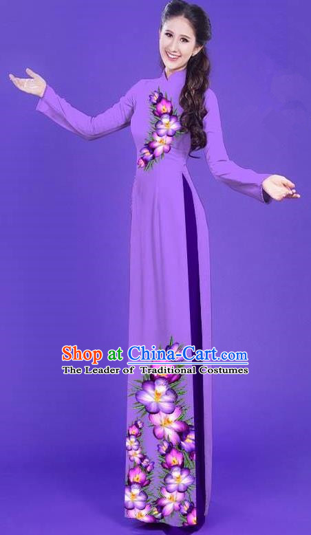 Top Grade Asian Vietnamese Costumes Classical Jing Nationality Long Printing Flowers Cheongsam, Vietnam National Vietnamese Bride Traditional Princess Purple Ao Dai Dress