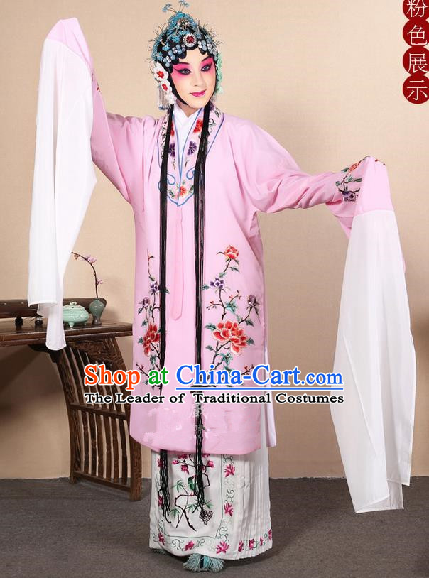Traditional Chinese Beijing Opera Huangmei Opera Female Pink Clothing and Headwear Complete Set, China Peking Opera Diva Role Hua Tan Costume Embroidered Opera Costumes