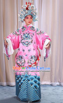 Traditional Chinese Beijing Opera Male Pink Clothing and Belts Complete Set, China Peking Opera His Royal Highness Costume Embroidered Robe Opera Costumes